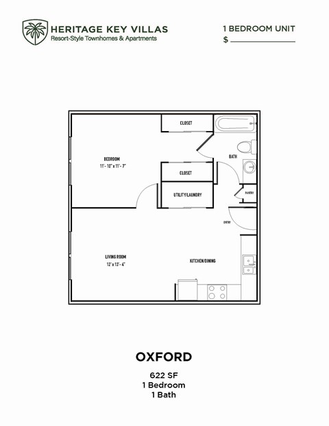 floor plan of the 1 bedroom apartment